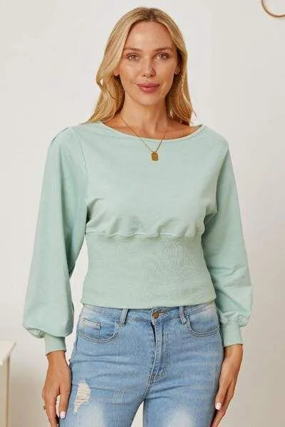 Boat Neck Lantern Sleeve Blouse Sage Blouses - Tophatter Daily Deals