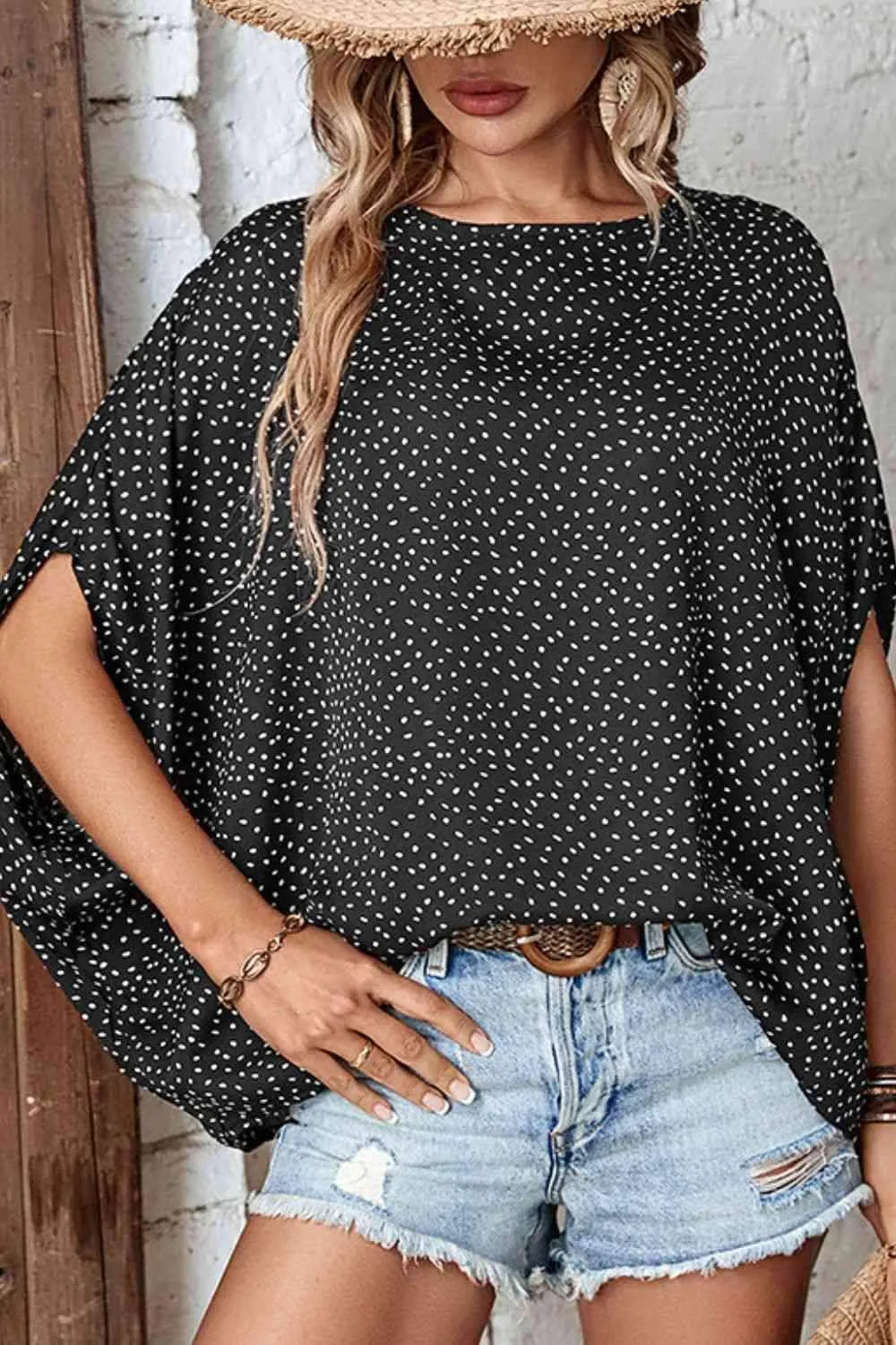 Printed Dolman Sleeve Round Neck Blouse Blouses - Tophatter Daily Deals
