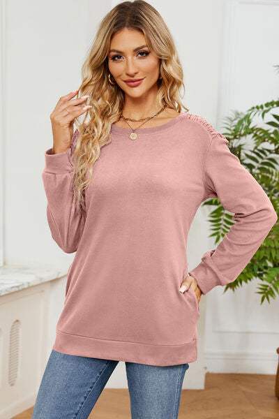 Ruched Round Neck Long Sleeve T-Shirt Women's T-Shirts - Tophatter Daily Deals