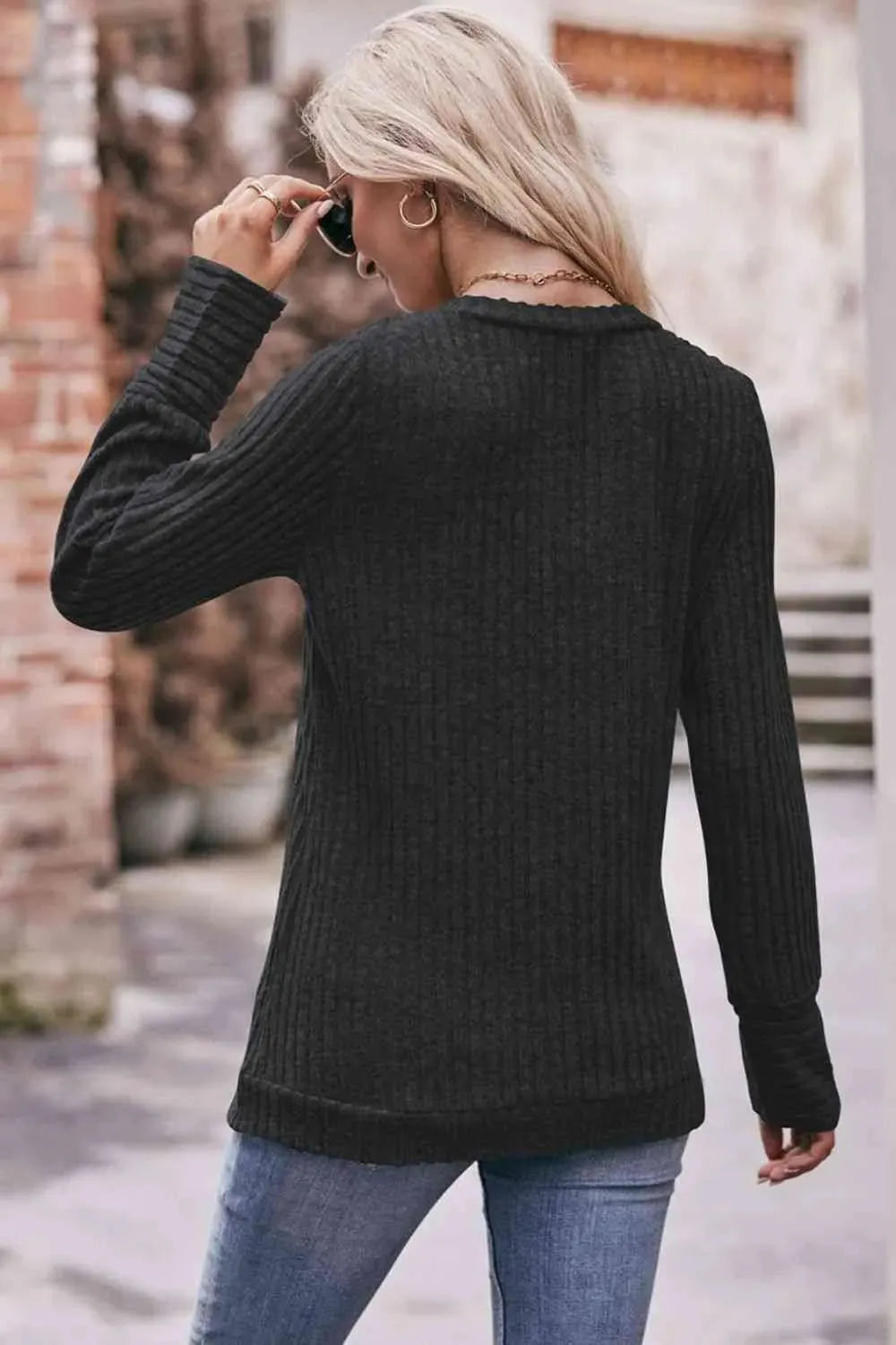 Double Take V-Neck Long Sleeve Ribbed Top Blouses - Tophatter Daily Deals