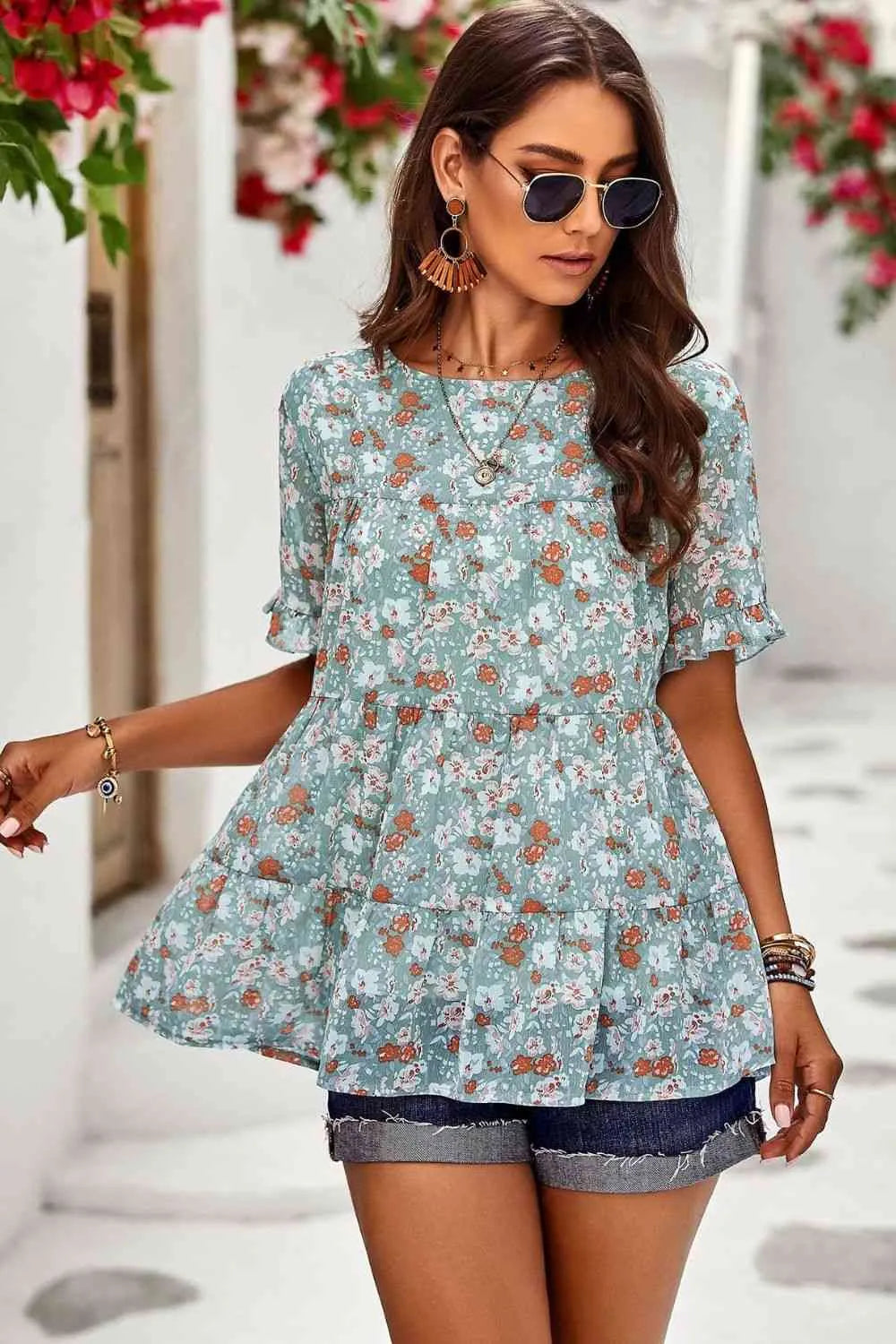 Printed Round Neck Tiered Top Blouses - Tophatter Daily Deals