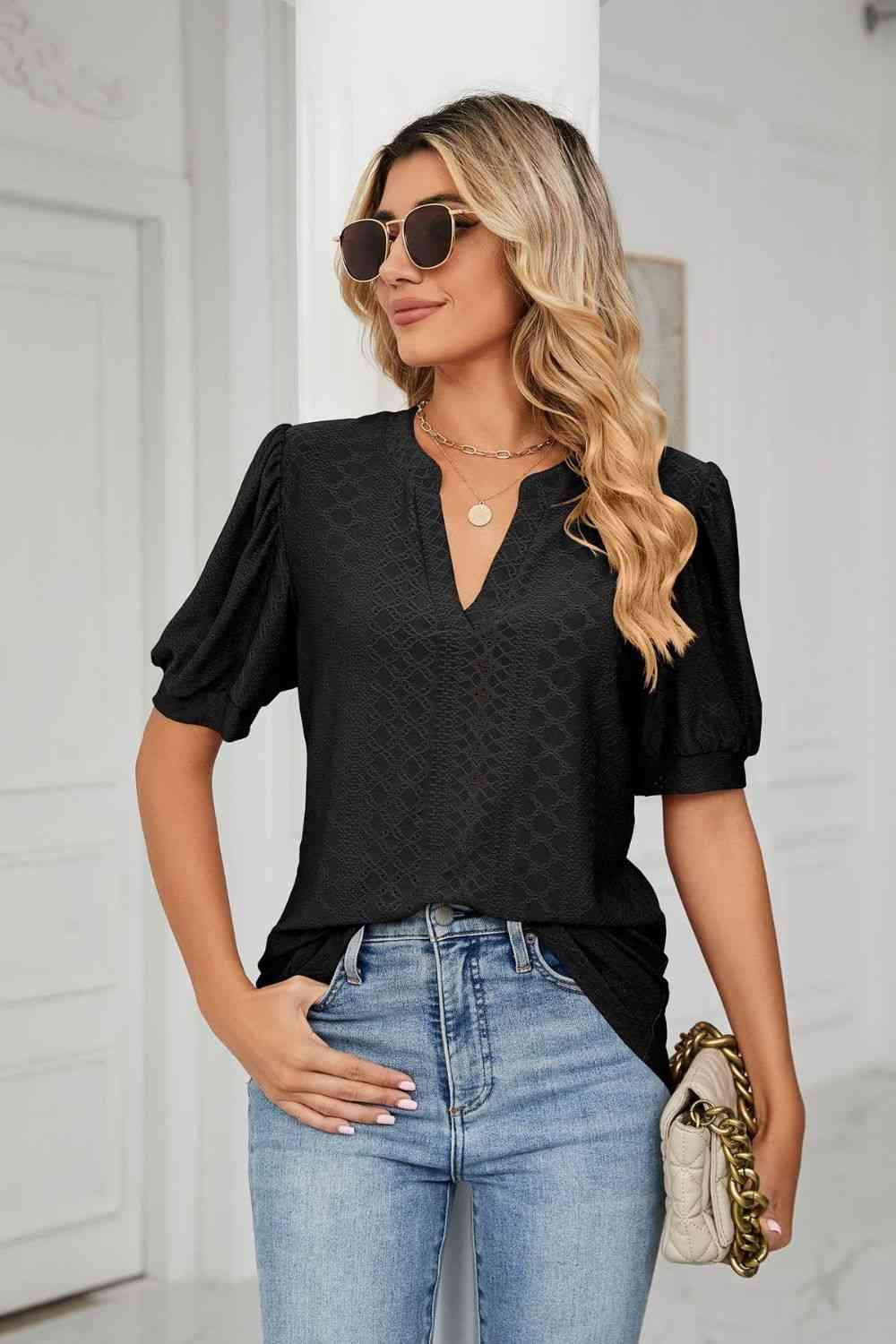 Eyelet Short Puff Sleeve Notched Neck Top Blouses - Tophatter Daily Deals