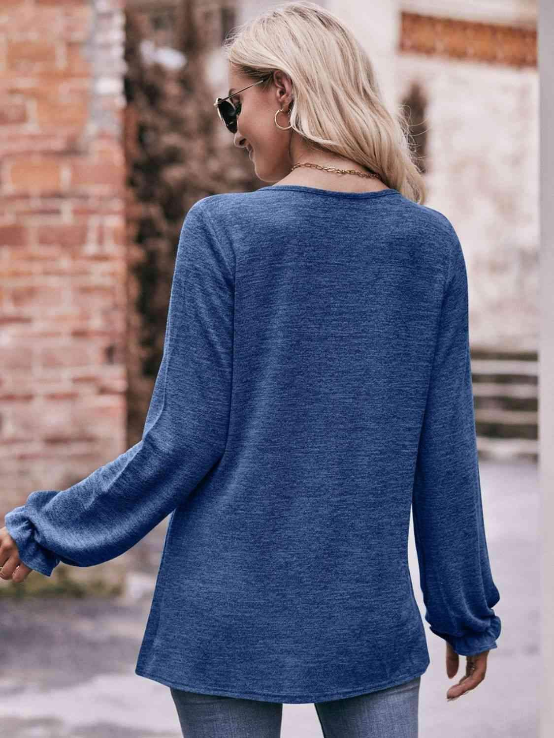 Double Take Long Flounce Sleeve Round Neck Blouse Blouses - Tophatter Daily Deals