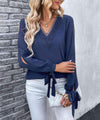 Double Take V-Neck Tie Cuff Slit Blouse Navy Blouses - Tophatter Daily Deals