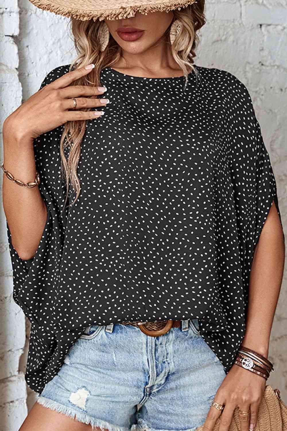 Printed Dolman Sleeve Round Neck Blouse Black Blouses - Tophatter Daily Deals