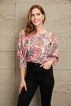 Double Take Floral Round Neck Three-Quarter Sleeve Top Blouses - Tophatter Daily Deals