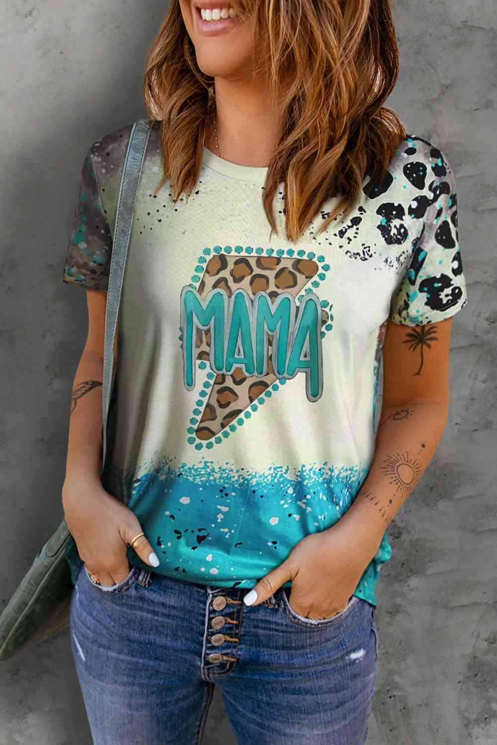 MAMA Lightning Graphic Leopard Round Neck Tee Turquoise Women's T-Shirts - Tophatter Daily Deals