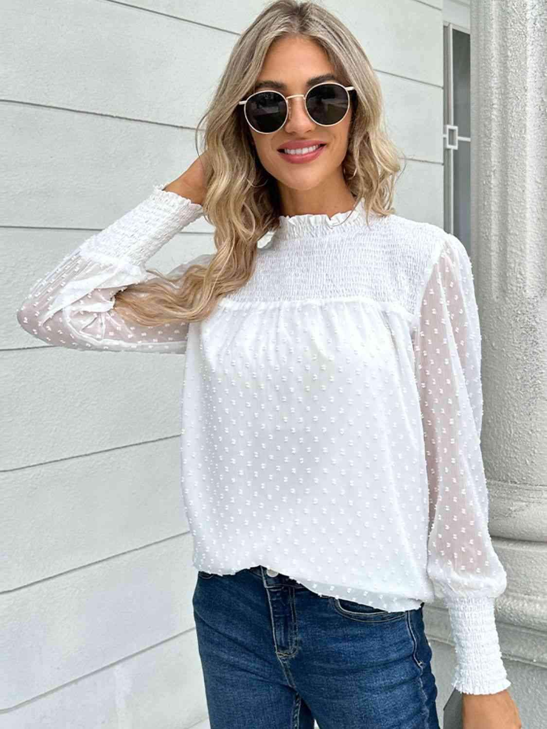 Swiss Dot Smocked Mock Neck Blouse White Blouses - Tophatter Daily Deals