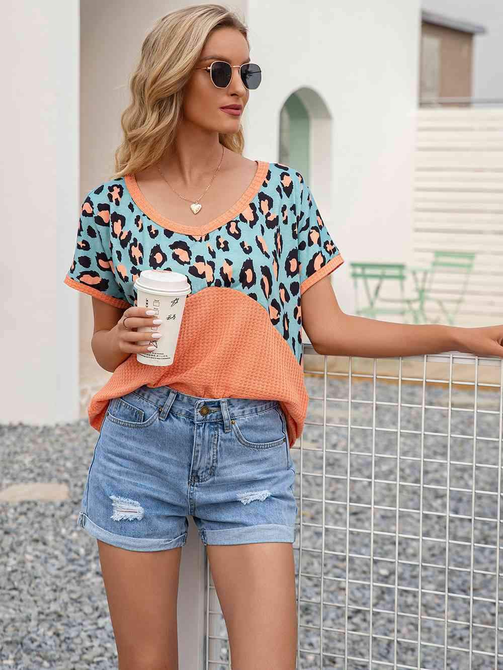 Leopard Waffle-Knit Short Sleeve Top Women's T-Shirts - Tophatter Daily Deals