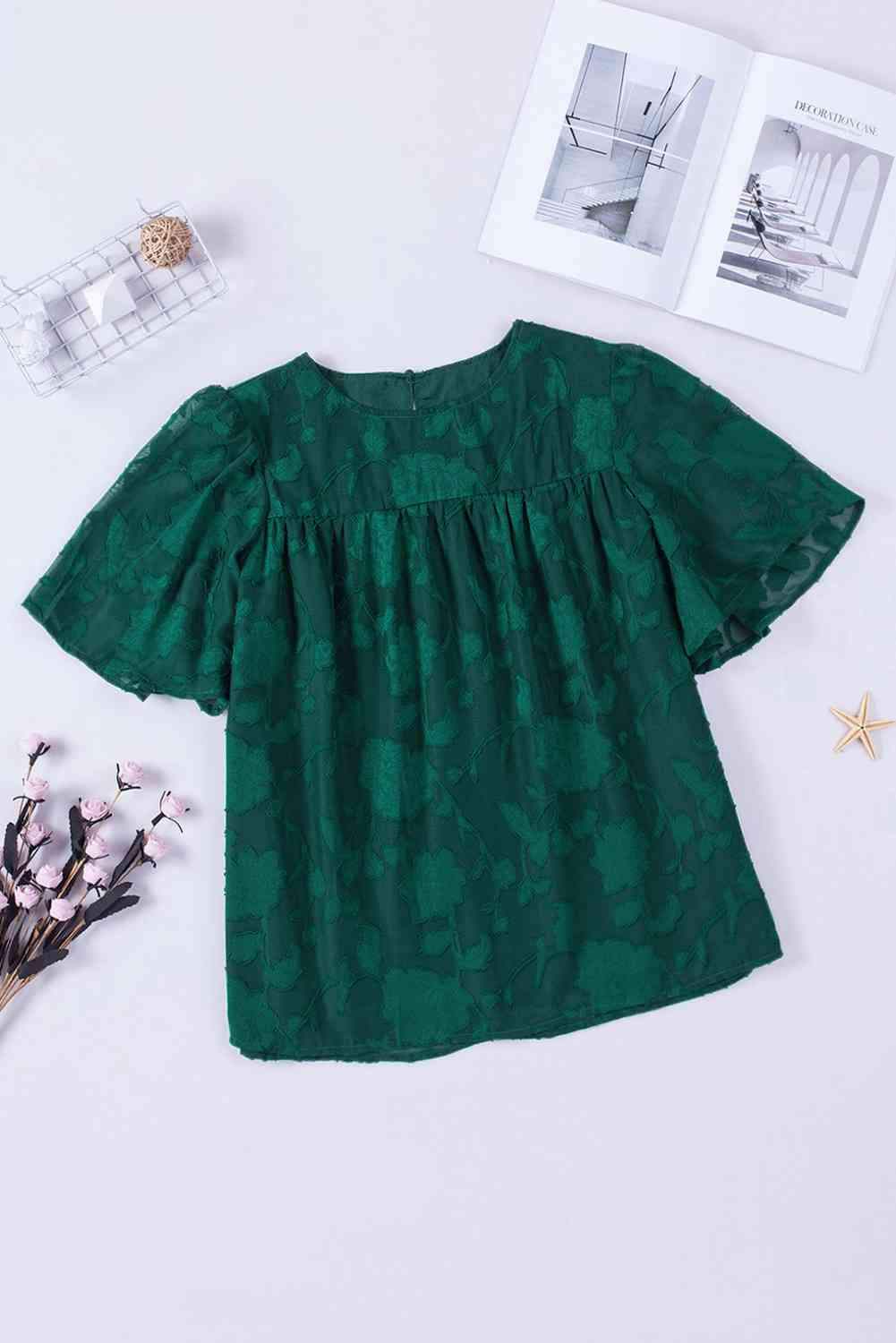 Round Neck Puff Sleeve Blouse Green Blouses - Tophatter Daily Deals