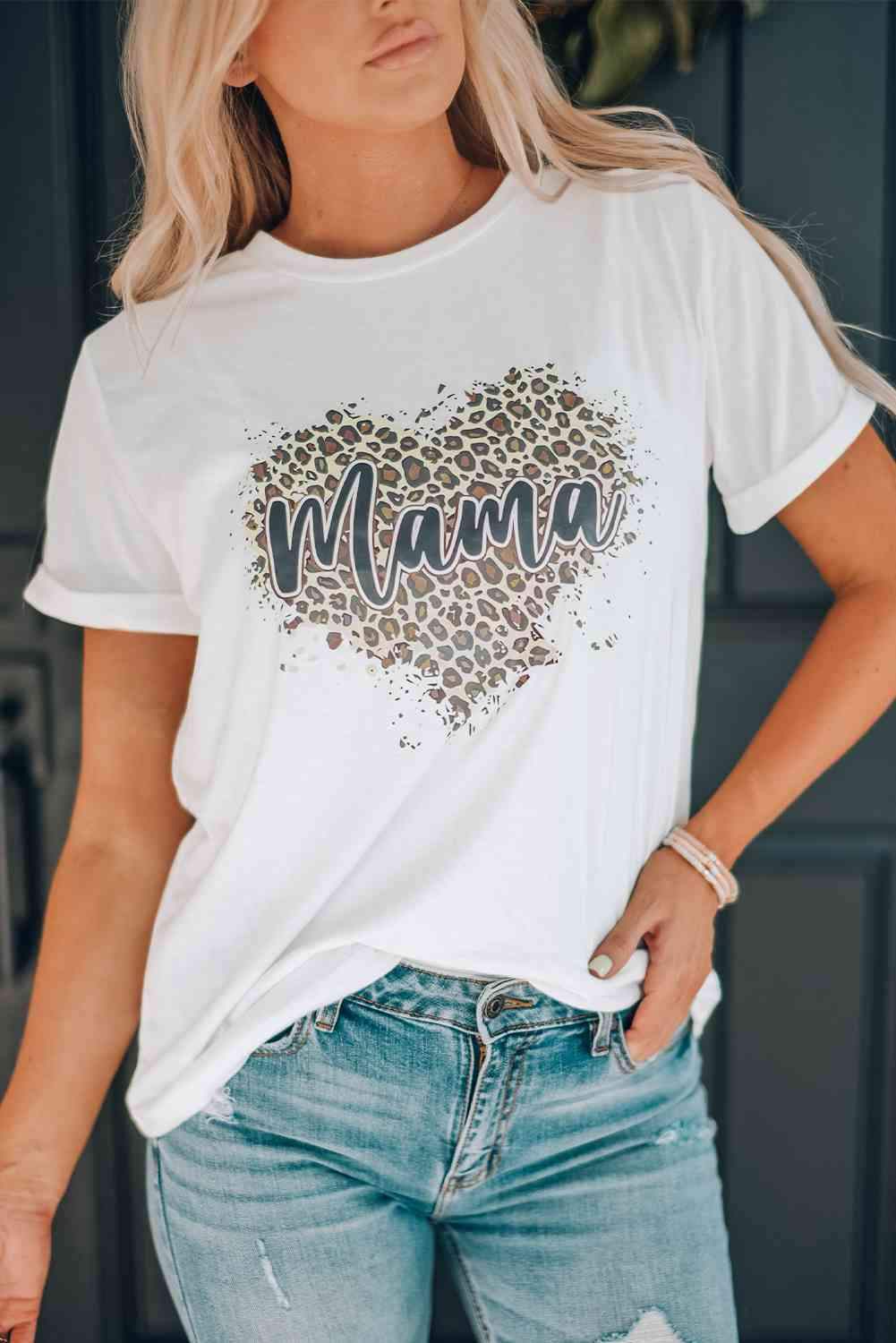 MAMA Leopard Heart Graphic Tee Shirt Women's T-Shirts - Tophatter Daily Deals