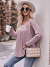 Double Take Pleated Detail Curved Hem Long Sleeve Top Blouses - Tophatter Daily Deals