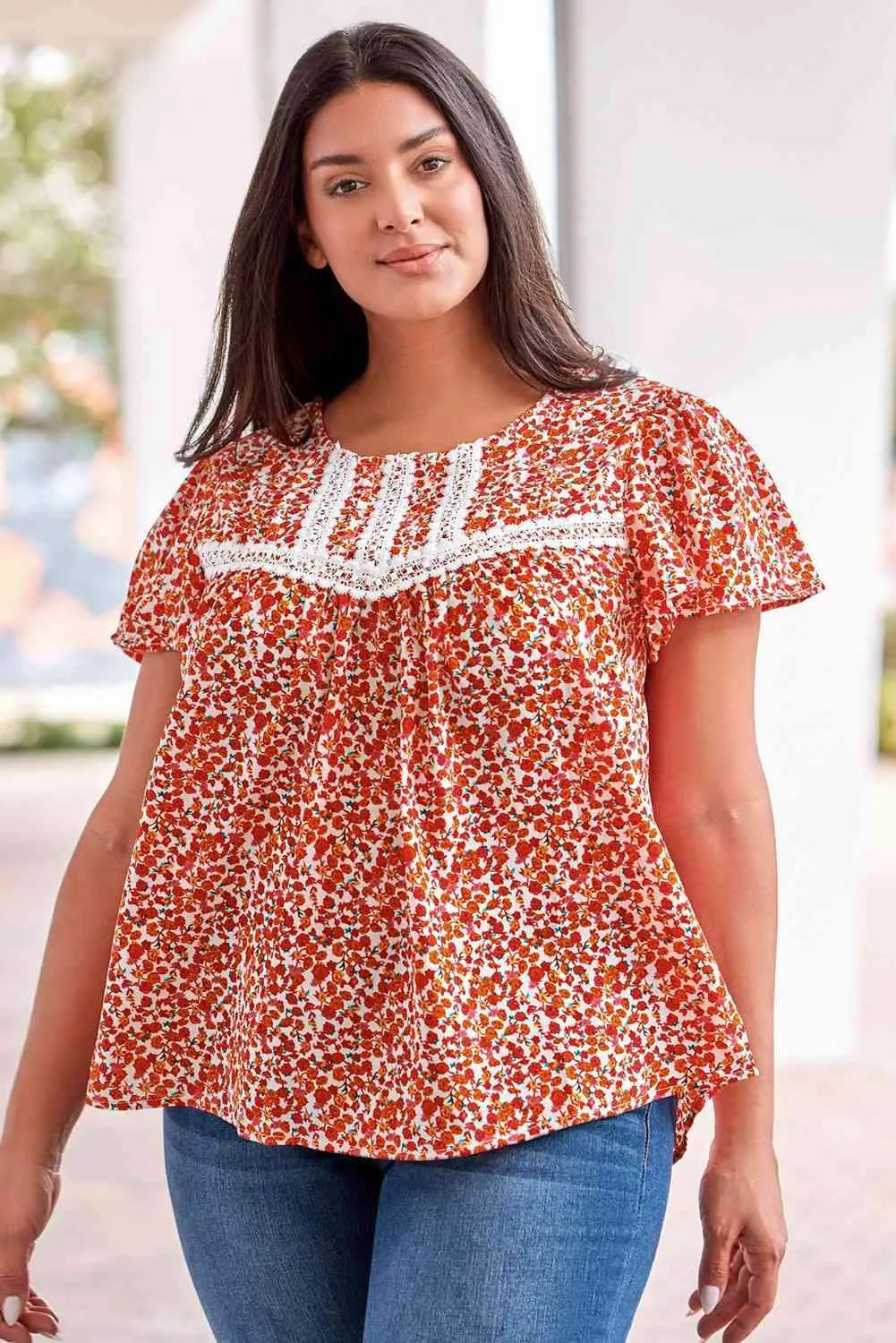 Plus Size Floral Lace Trim Round Neck Blouse Blouses - Tophatter Daily Deals