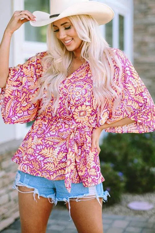 Floral V-Neck Tie Front Ruffled Blouse Blouses - Tophatter Daily Deals