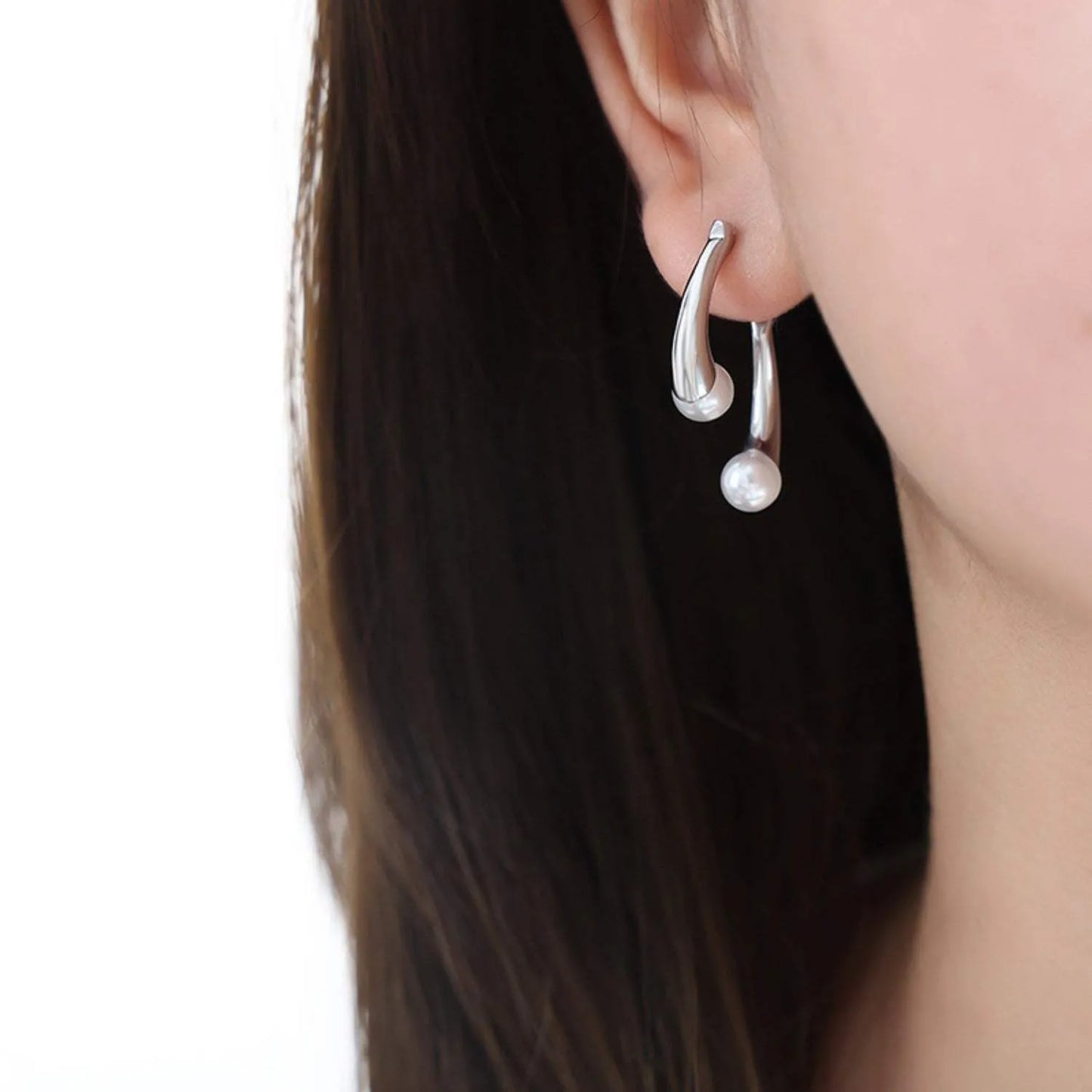 Synthetic Pearl Asymmetrical Titanium Steel Earrings Silver One Size Earrings - Tophatter Daily Deals