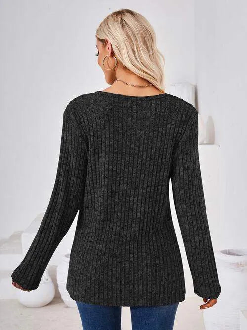 Ribbed Buttoned Round Neck Slit T-Shirt Women's T-Shirts - Tophatter Daily Deals