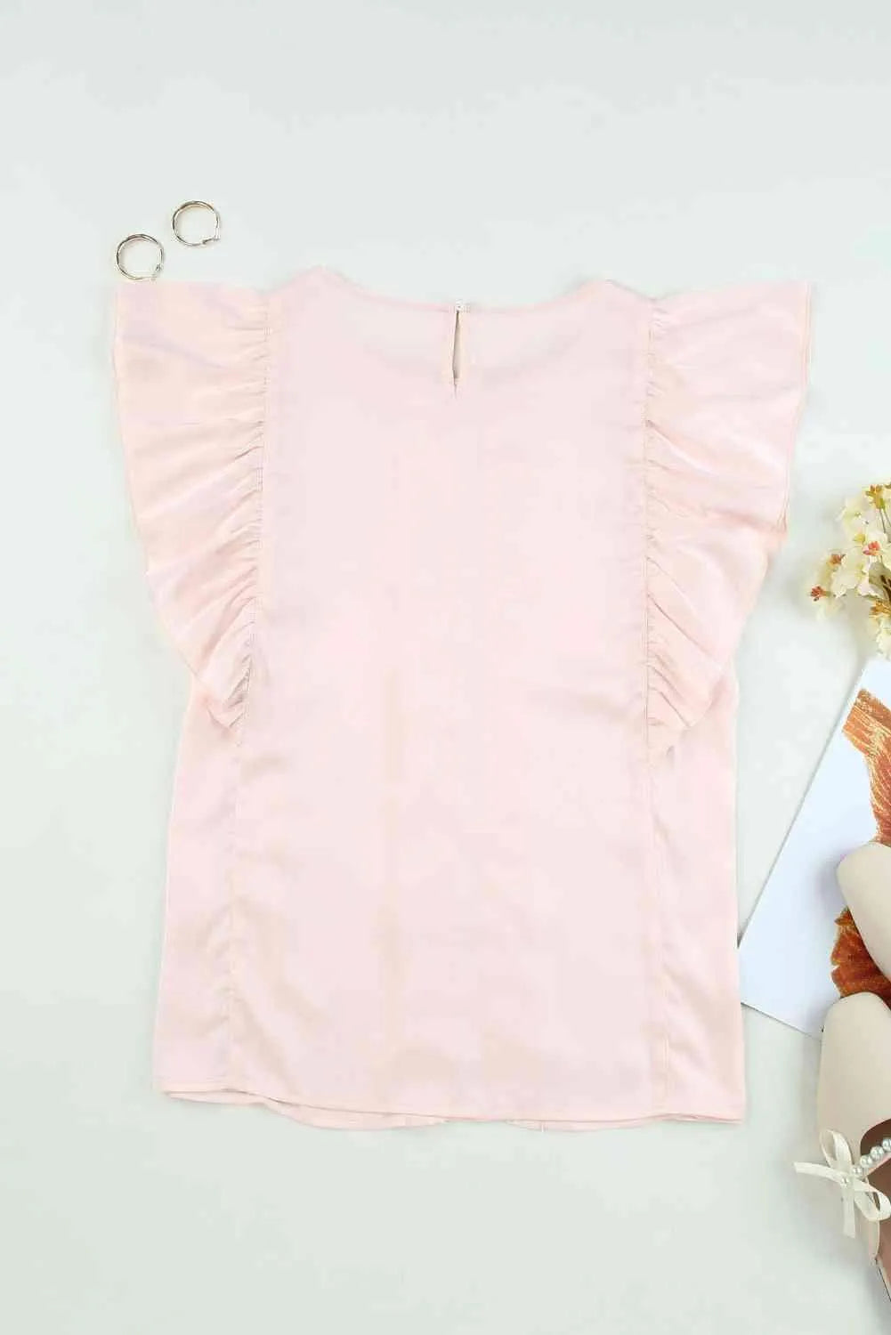 Round Neck Frill Trim Butterfly Sleeve Top Blouses - Tophatter Daily Deals