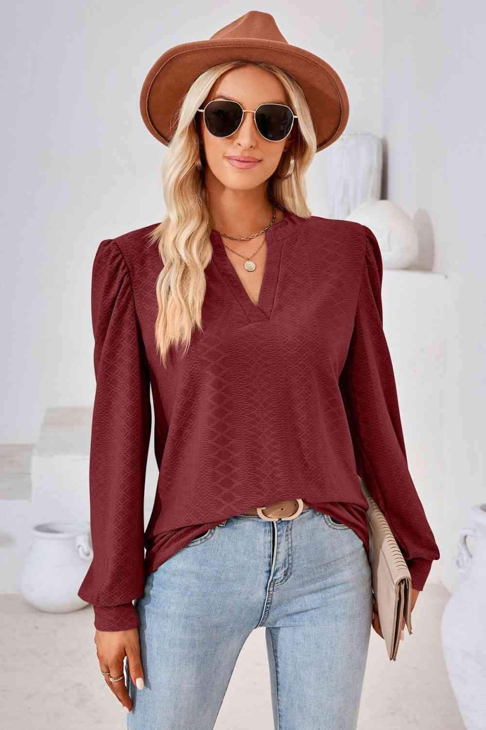 V-Neck Puff Sleeve Blouse Wine Blouses - Tophatter Daily Deals