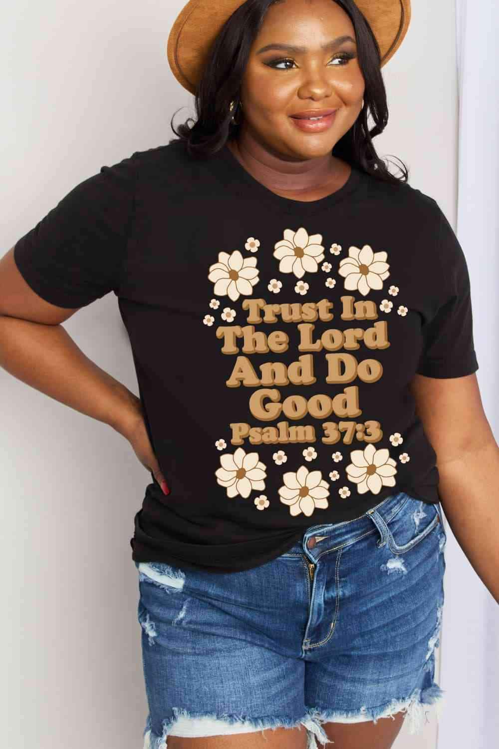 Simply Love Full Size TRUST IN THE LORD AND DO GOOD PSALM 37:3 Graphic Cotton Tee Black Women's T-Shirts - Tophatter Daily Deals