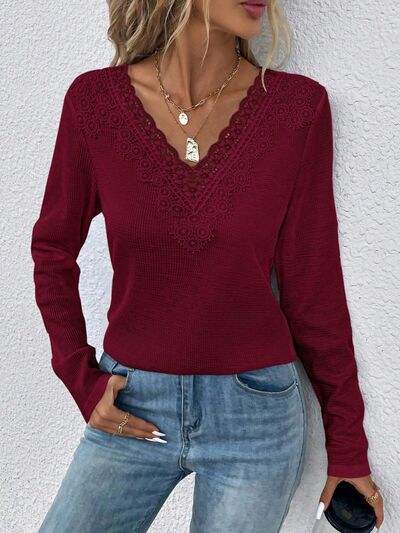 Waffle-Knit Lace Detail V-Neck Long Sleeve T-Shirt Wine Women's T-Shirts - Tophatter Daily Deals