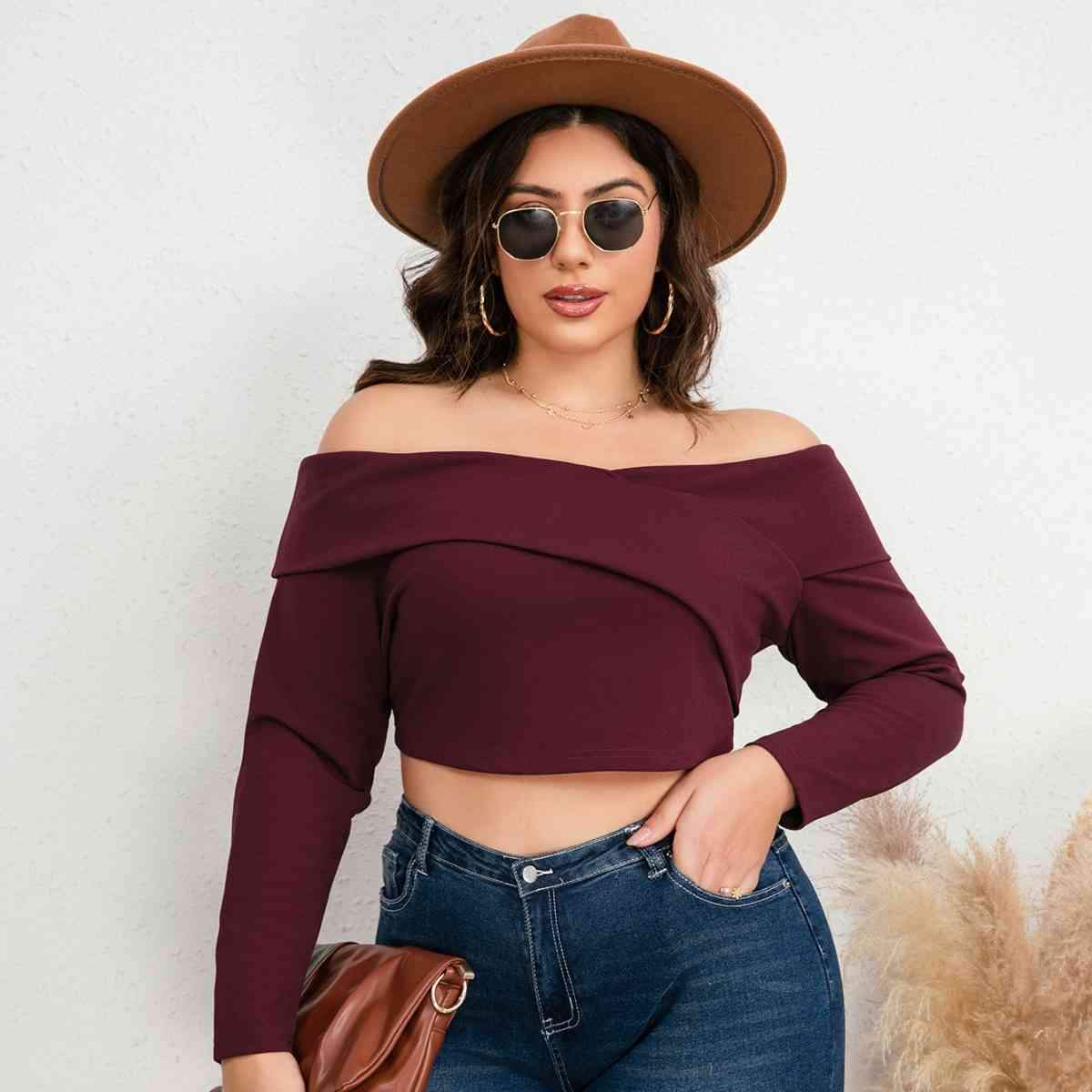 Plus Size Off-Shoulder Long Sleeve Cropped Top Wine Blouses - Tophatter Daily Deals