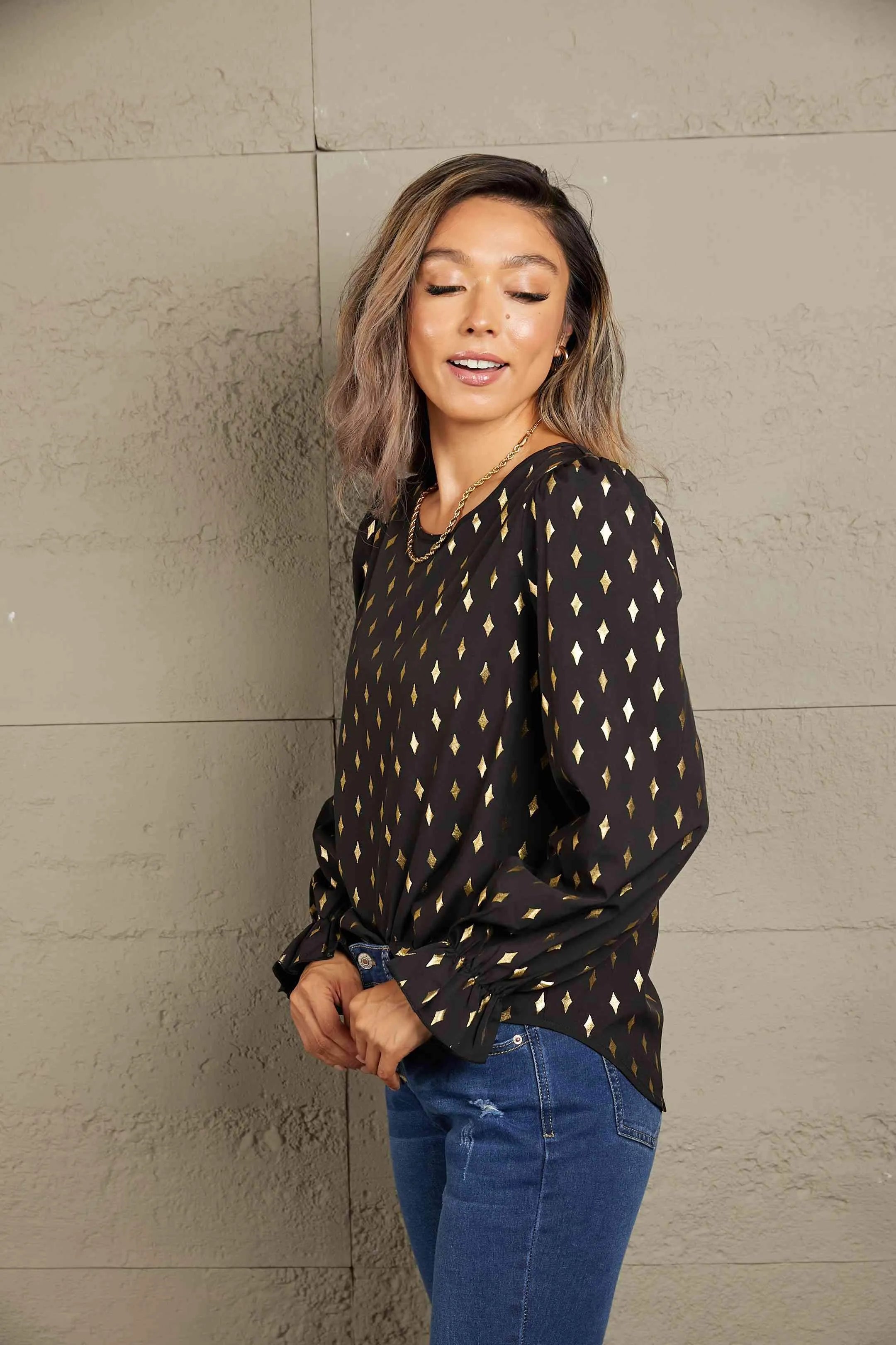 Double Take Printed Round Neck Flounce Sleeve Blouse Blouses - Tophatter Daily Deals