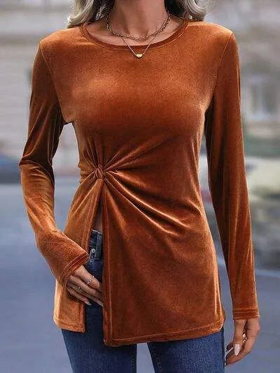 Twisted Slit Round Neck T-Shirt Caramel Women's T-Shirts - Tophatter Daily Deals