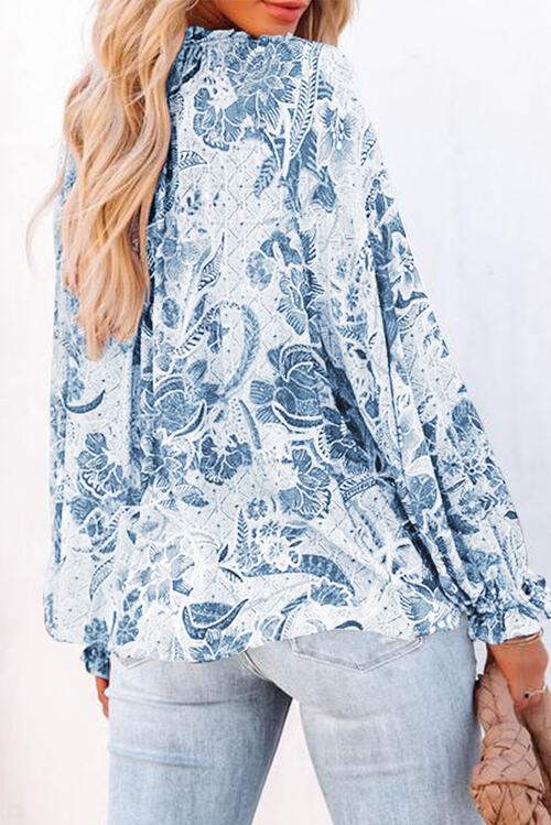 Floral Tie Neck Flounce Sleeve Blouse Blouses - Tophatter Daily Deals