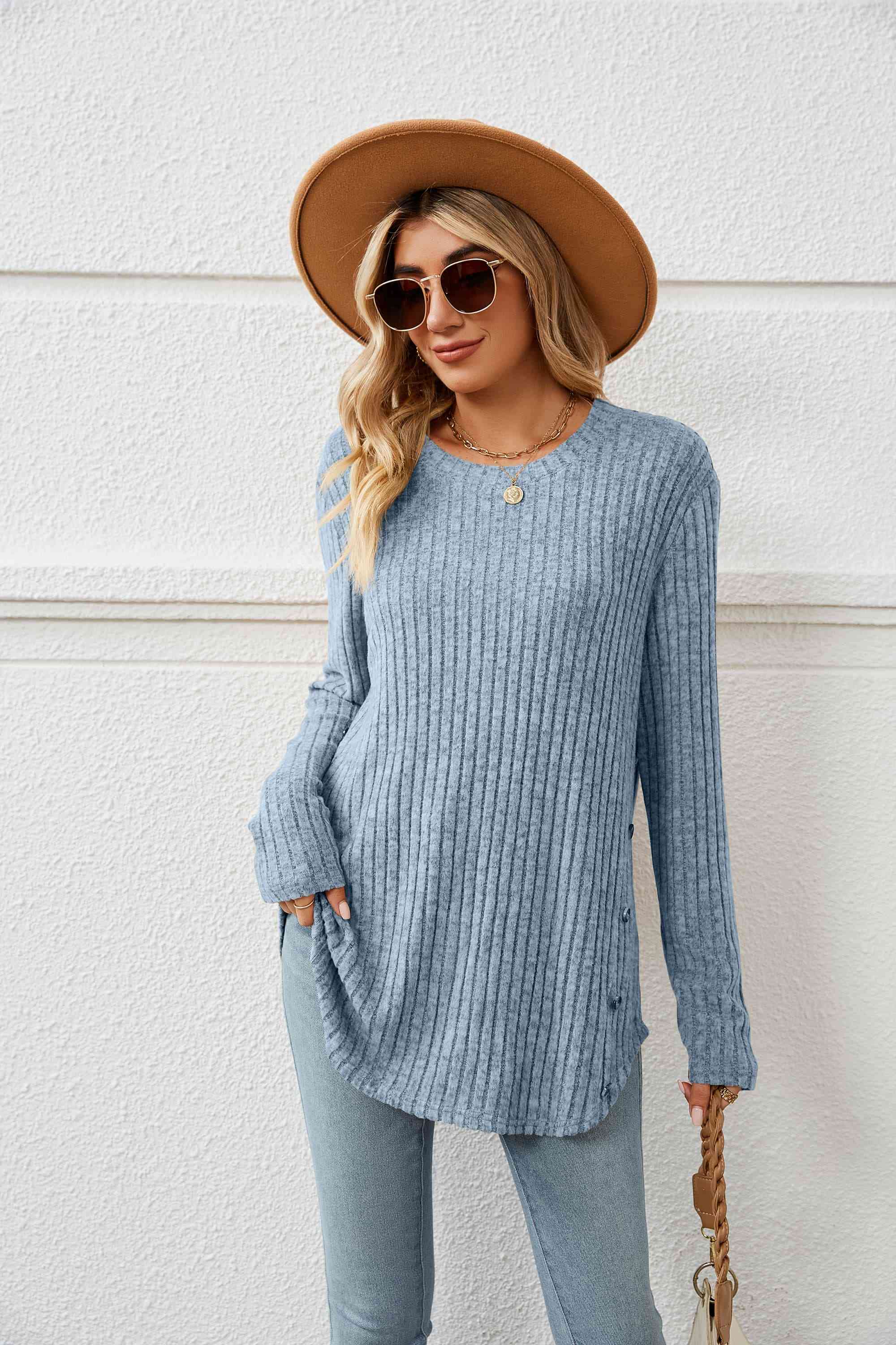 Round Neck Ribbed Long Sleeve T-Shirt Misty Blue Women's T-Shirts - Tophatter Daily Deals