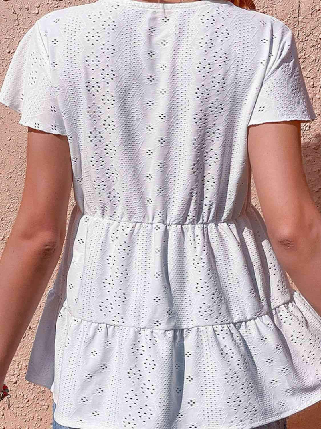 Button Front Eyelet Flutter Sleeve Tiered Blouse Blouses - Tophatter Daily Deals