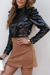 Sequin Mock Neck Leg-Of-Mutton Sleeve Top Blouses - Tophatter Daily Deals