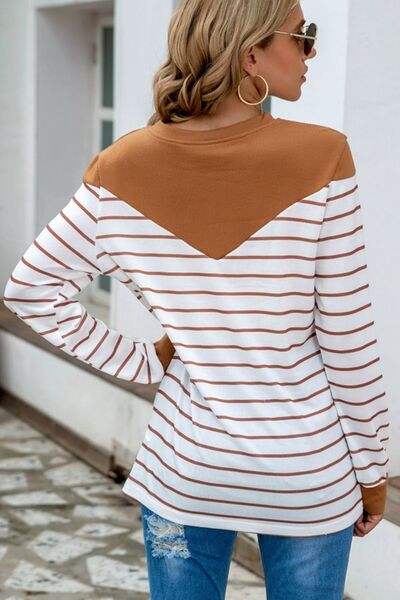 Striped Round Neck Long Sleeve T-Shirt Women's T-Shirts - Tophatter Daily Deals