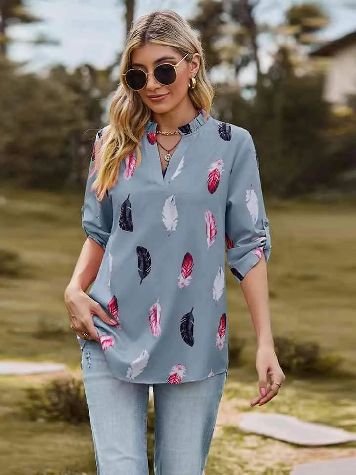 Printed Roll-Tab Sleeve Notched Neck Blouse Blouses - Tophatter Daily Deals