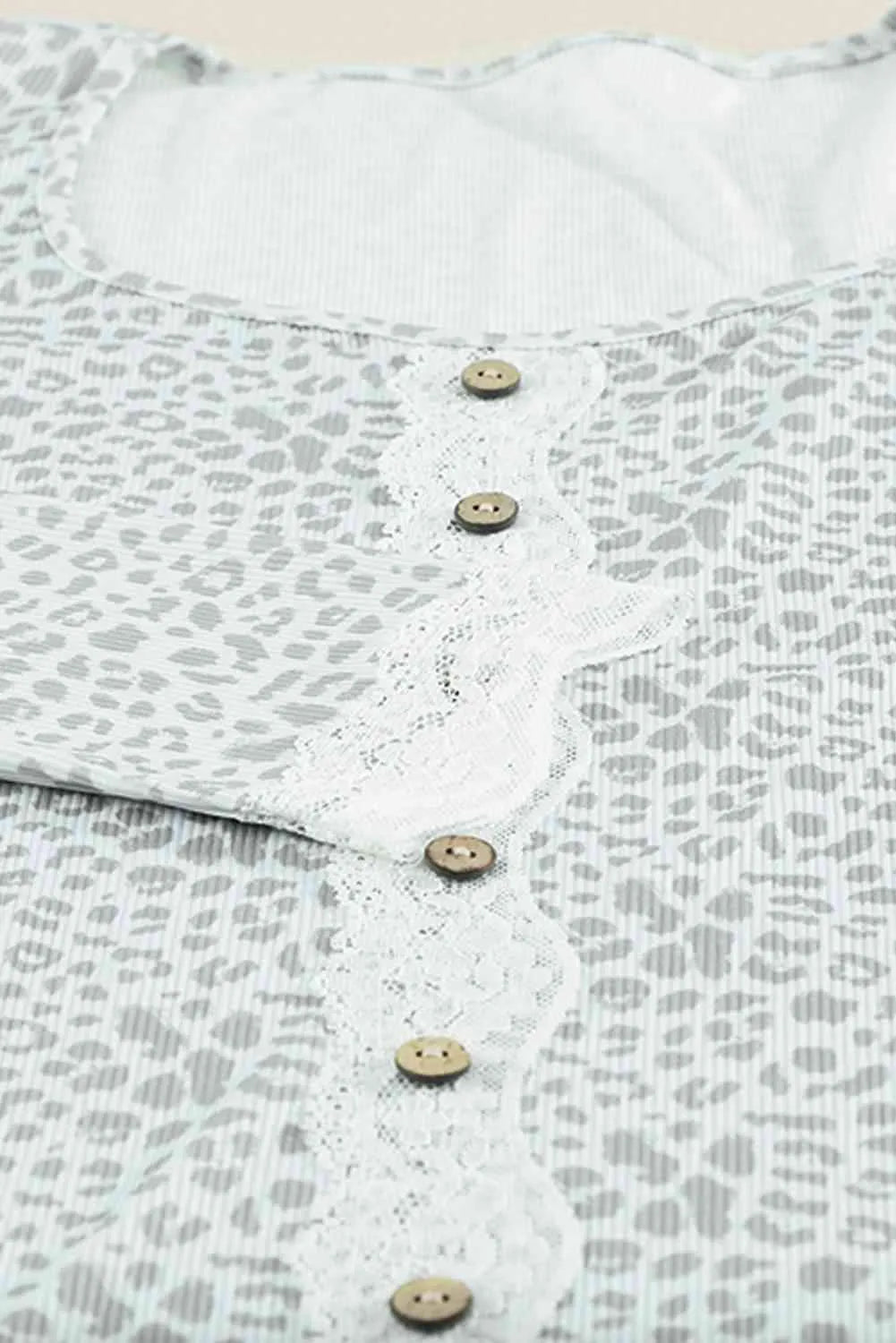 Leopard Buttoned Lace Trim Round Neck Top Blouses - Tophatter Daily Deals