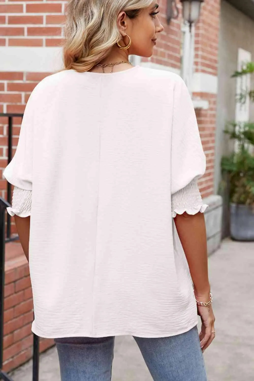 Round Neck Smocked Lantern Sleeve Blouse Blouses - Tophatter Daily Deals
