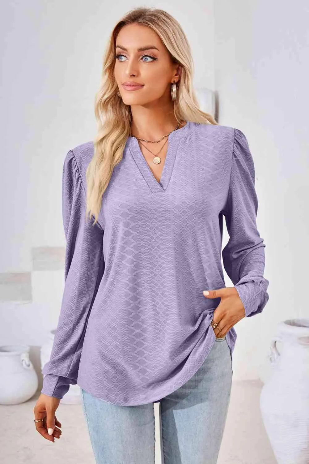 V-Neck Puff Sleeve Blouse Blouses - Tophatter Daily Deals