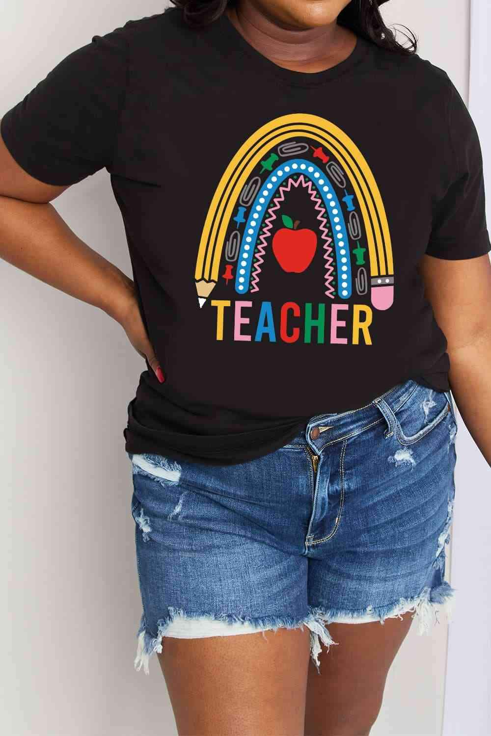 Simply Love Full Size TEACHER Rainbow Graphic Cotton Tee Women's T-Shirts - Tophatter Daily Deals