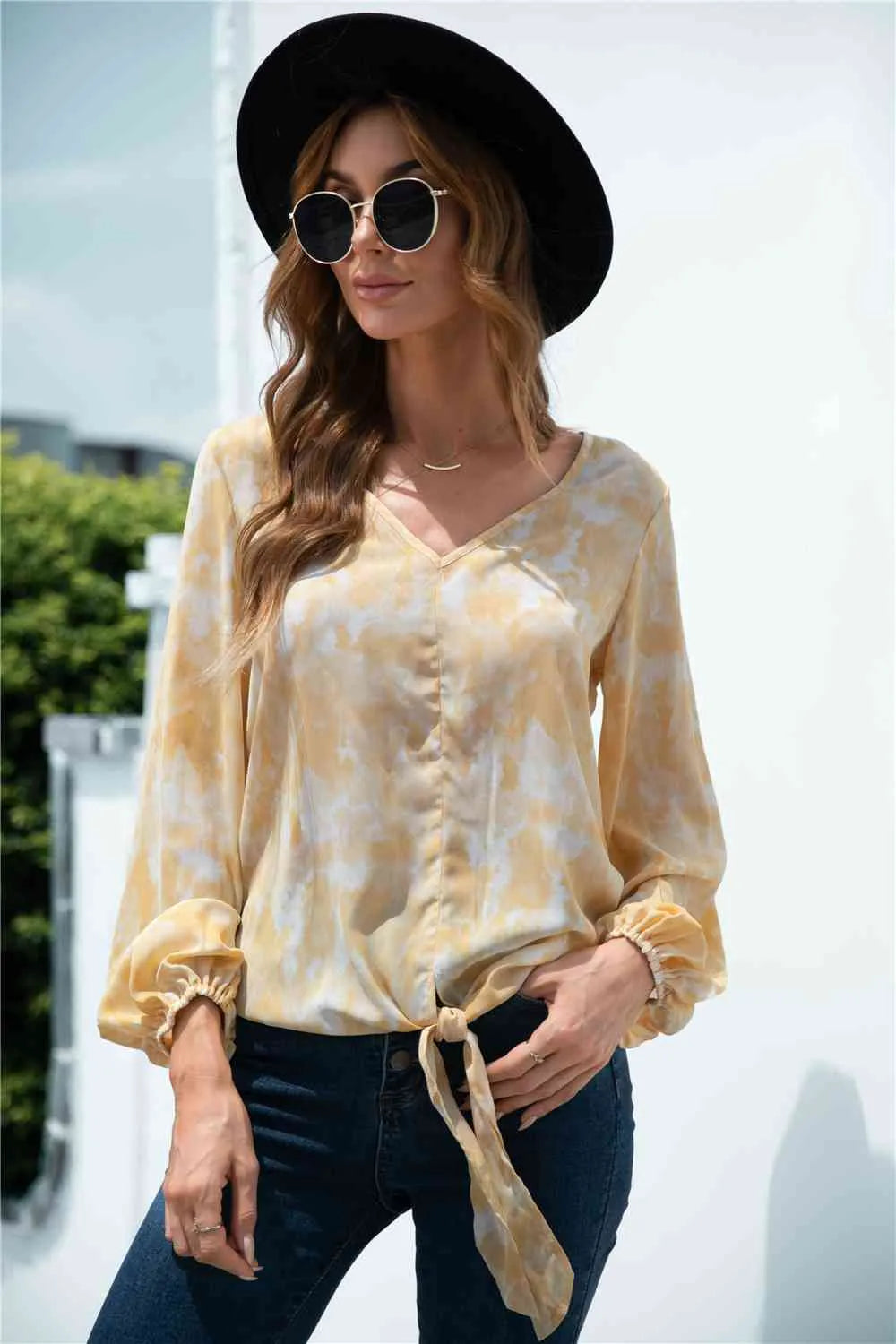 Tie-Dye Tied Balloon Sleeve Blouse Blouses - Tophatter Daily Deals