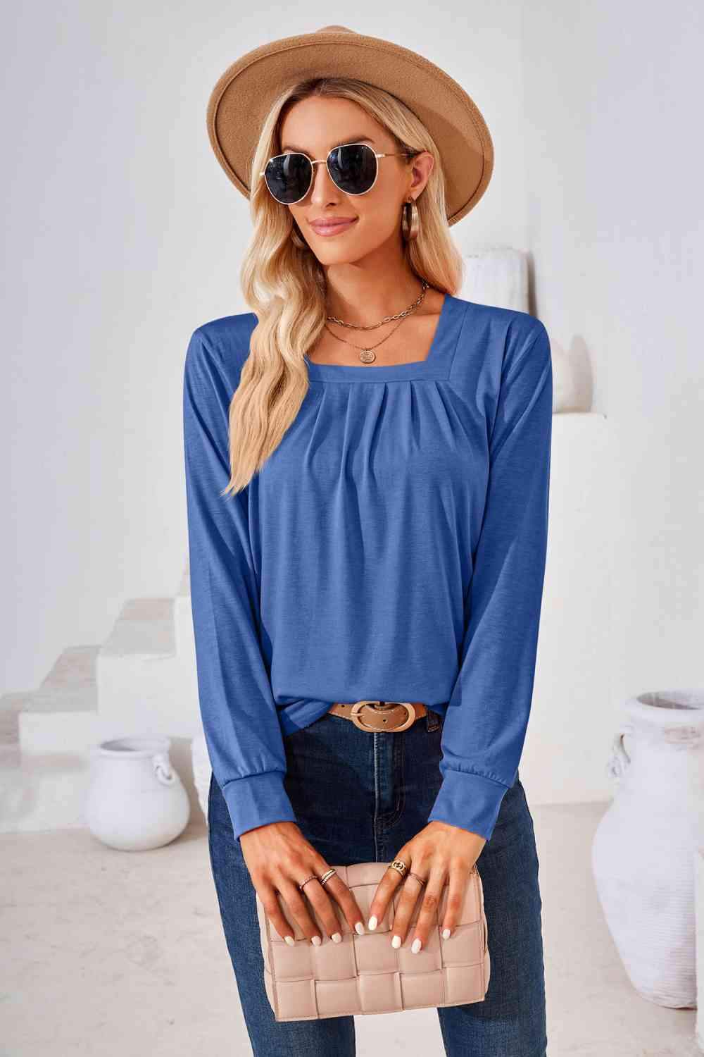 Square Neck Ruched Long Sleeve Blouse Royal Blue Blouses - Tophatter Daily Deals