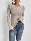 Lace Detail Ribbed V-Neck Long Sleeve Top Mocha Blouses - Tophatter Daily Deals