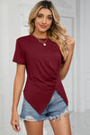 Ruched Round Neck Short Sleeve T-Shirt Wine Women's T-Shirts - Tophatter Daily Deals