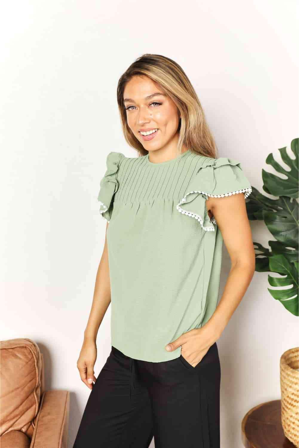 Double Take Pleated Detail Flutter Sleeve Blouse Blouses - Tophatter Daily Deals