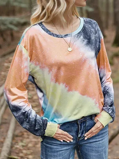 Printed Round Neck Long Sleeve T-Shirt Tangerine Women's T-Shirts - Tophatter Daily Deals