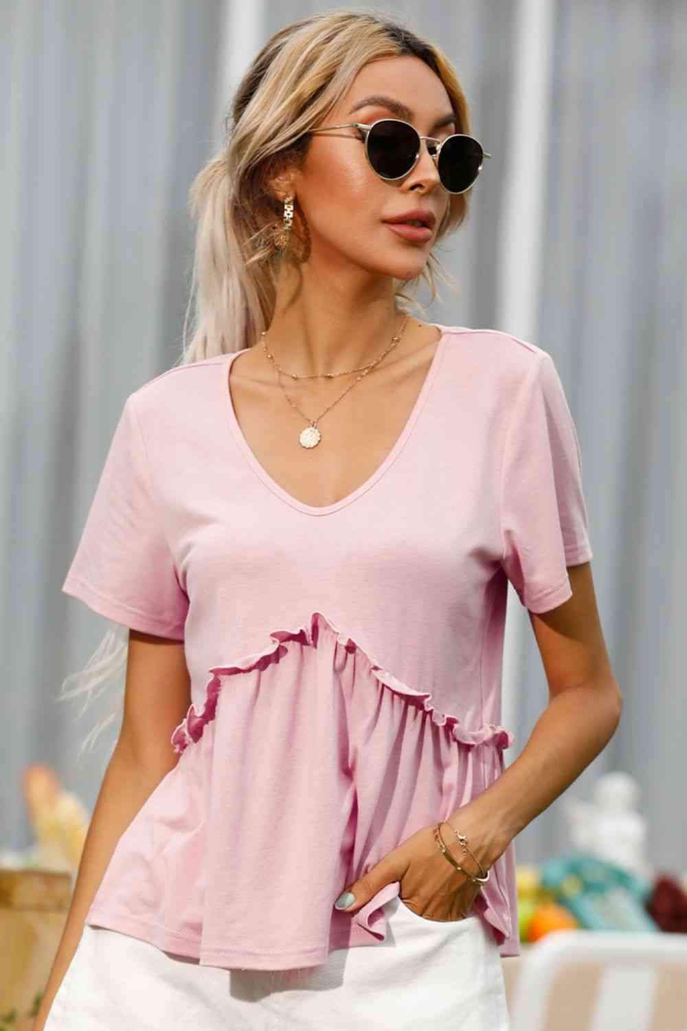 Frill Trim Short Sleeve Tee Women's T-Shirts - Tophatter Daily Deals