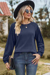 Eyelet Round Neck Long Sleeve T-Shirt Navy Women's T-Shirts - Tophatter Daily Deals