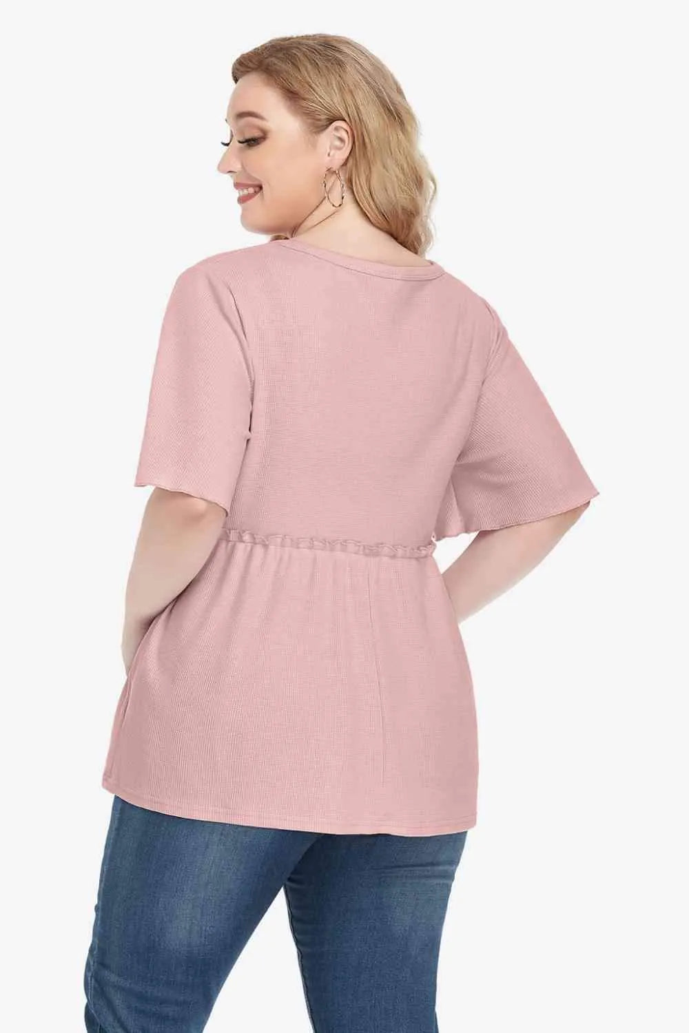 Plus Size Buttoned V-Neck Frill Trim Babydoll Blouse Blouses - Tophatter Daily Deals