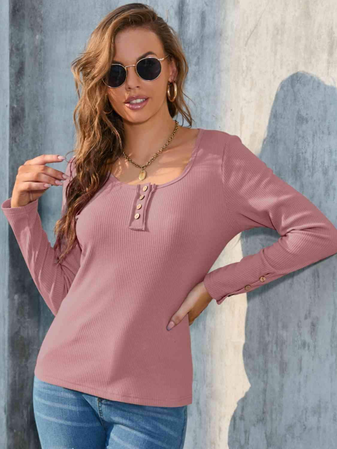 Buttoned Round Neck Long Sleeve T-Shirt Women's T-Shirts - Tophatter Daily Deals