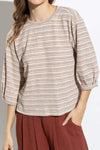 Striped Round Neck Buttoned Back T-Shirt Beige Women's T-Shirts - Tophatter Daily Deals