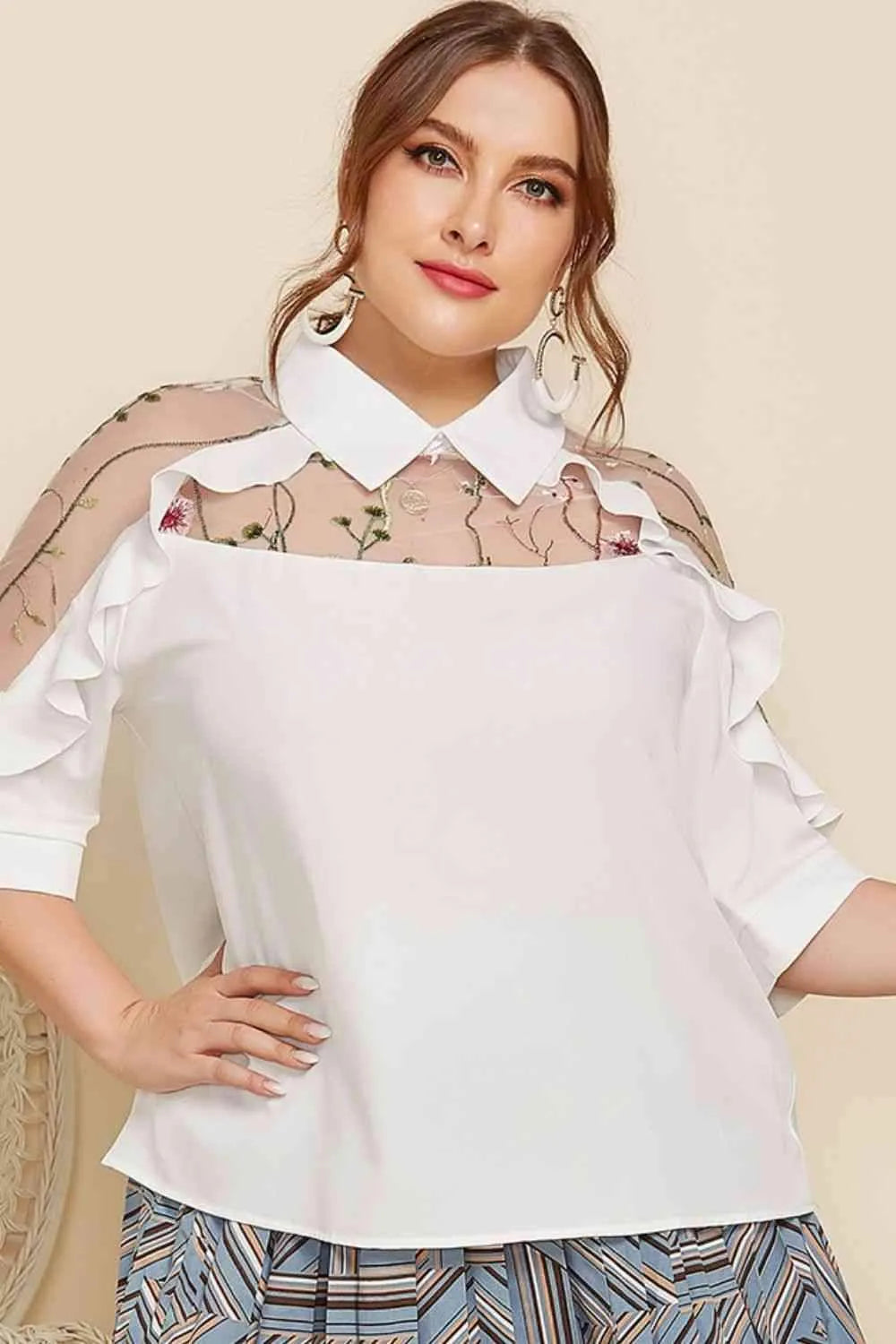Plus Size Embroidered Ruffle Trim Collared Half Sleeve Blouse Blouses - Tophatter Daily Deals