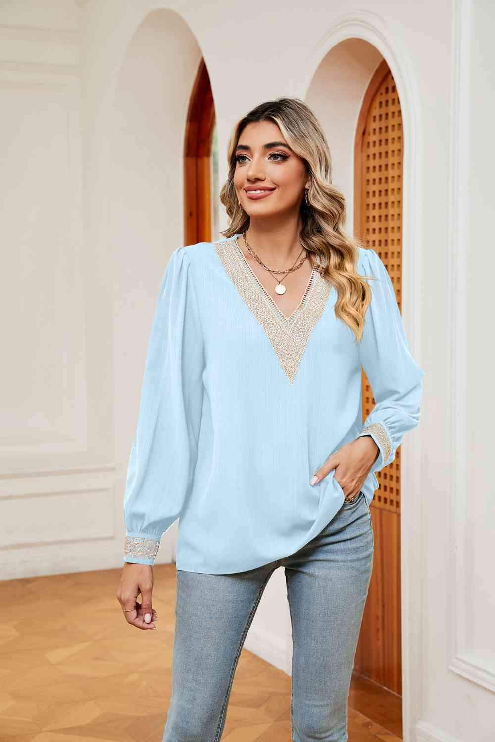 Contrast Puff Sleeve Blouse Mint Blue Blouses - Tophatter Daily Deals